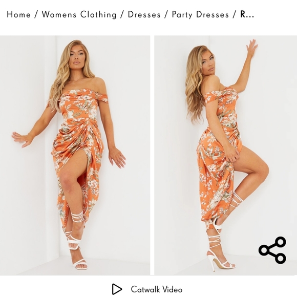 rust floral print satin draped bardot midi dress ASOS DESIGN mesh draped bardot layered neckline midi dress with flower trim in floral print